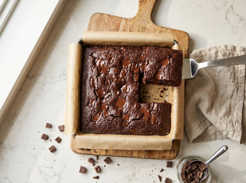 Top-down shot of molten chocolate snack cake in a parchment pan with melted chocolate chunks pooling on top