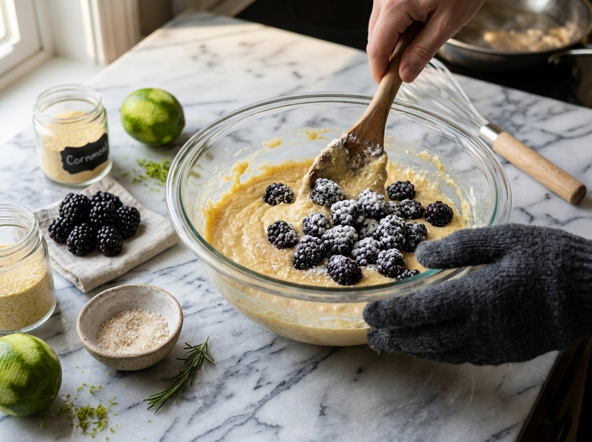 Folding flour-coated fresh blackberries into pale cornmeal cake batter in a glass mixing bowl on a marble counter