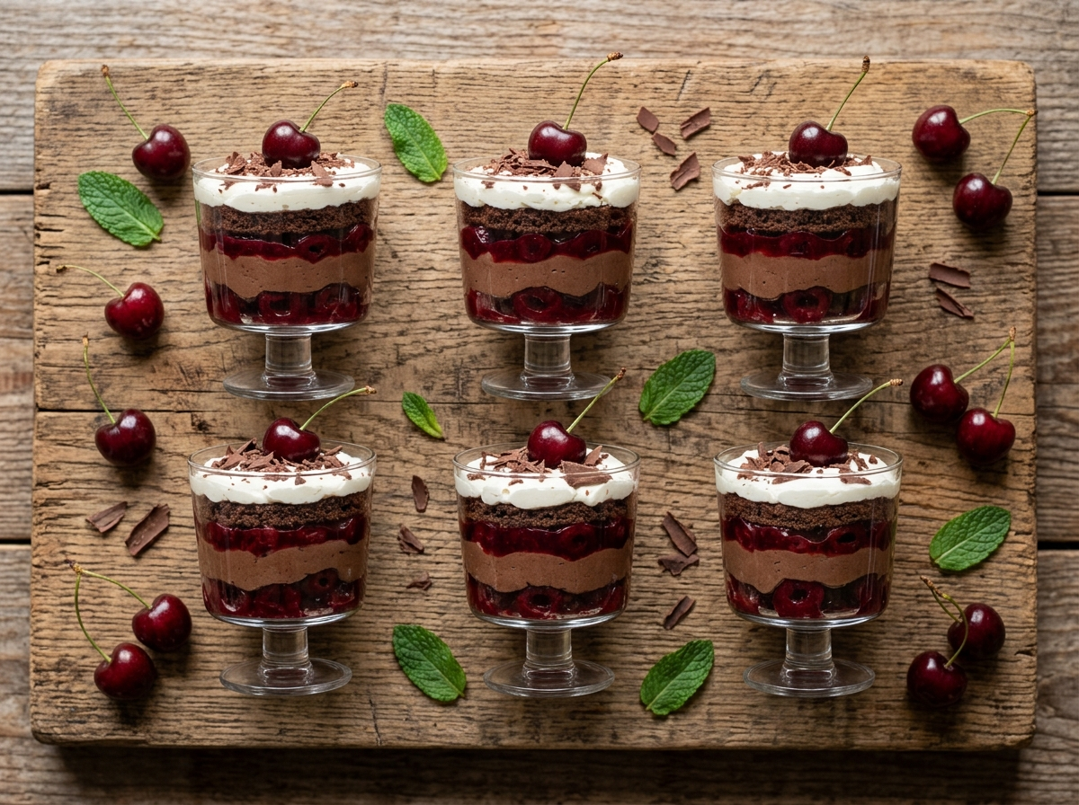 Six black forest mousse cups with layers of cherry compote, chocolate mousse and whipped cream on a wooden board