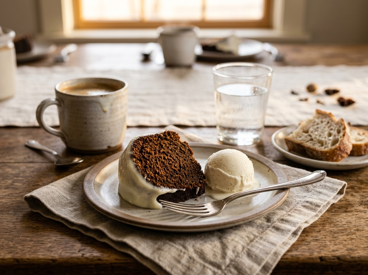 Plated slice of molasses spice cake with vanilla ice cream, fork, and linen napkin on a wooden table