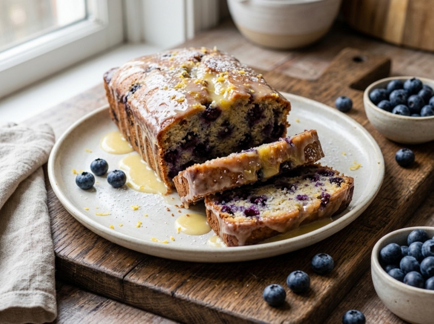Sliced blueberry yogurt loaf cake with lemon glaze on a wooden board, fresh blueberries scattered around the loaf