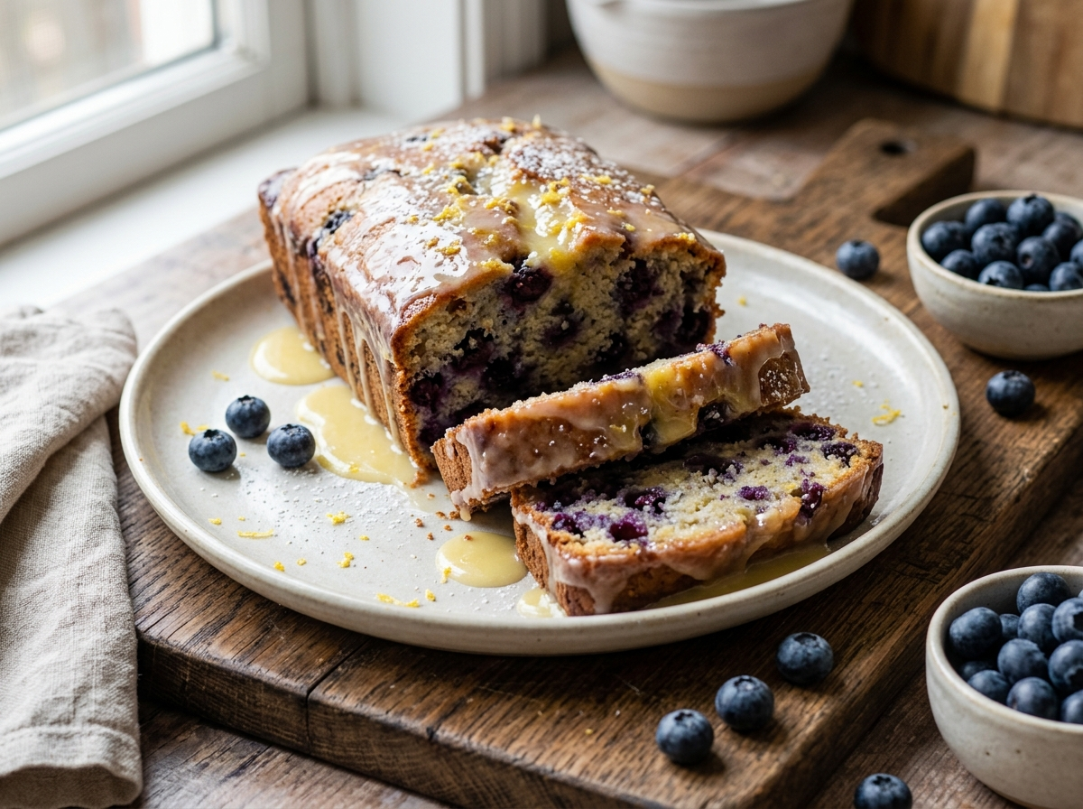 Sliced blueberry yogurt loaf cake with lemon glaze on a wooden board, fresh blueberries scattered around the loaf