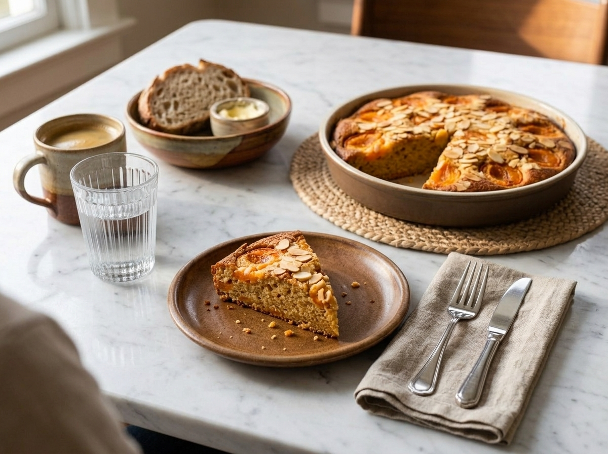 Plated slice of apricot ricotta cake with a fork beside a cup of coffee on a linen-covered table