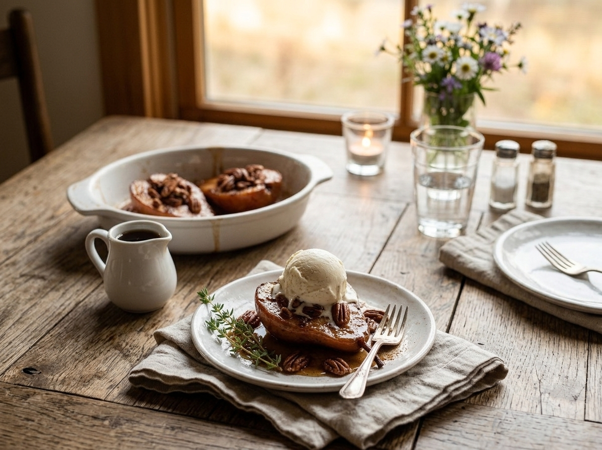 Plated maple cinnamon baked pear half with vanilla ice cream and pecans on a linen napkin at golden hour