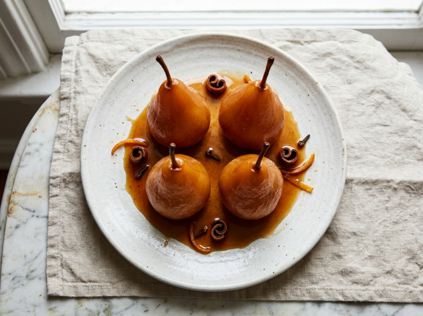 Whole poached pears with cinnamon syrup on a white plate, garnished with cinnamon sticks and orange zest on a marble surface