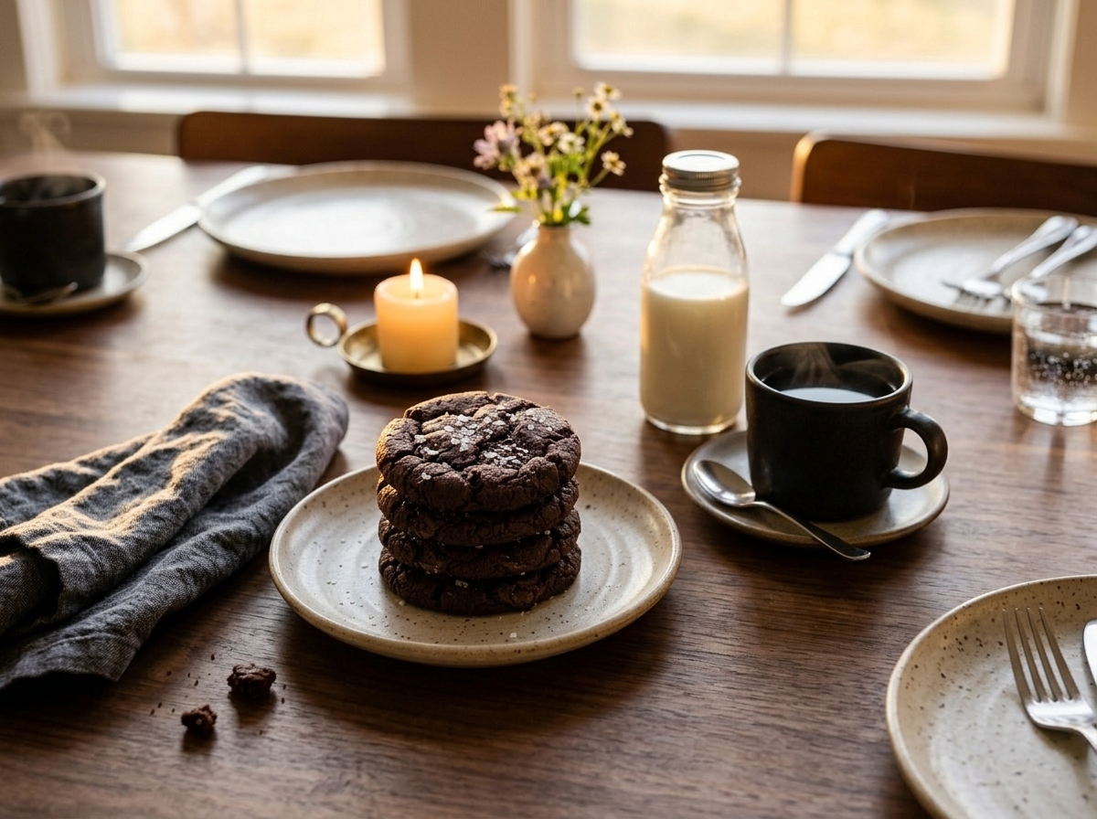 Double chocolate rye cookies plated with a cup of coffee and linen napkin on a wooden table