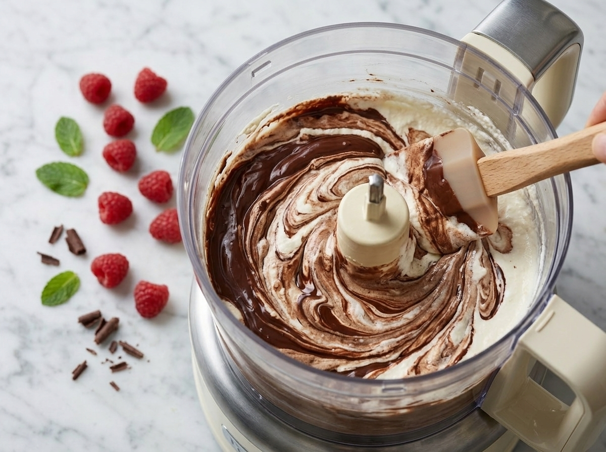 Food processor blending whipped ricotta with melted dark chocolate for a smooth no-bake mousse