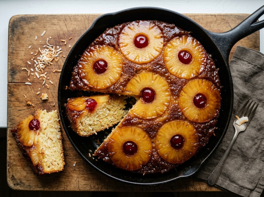 Whole pineapple coconut upside down cake on a wooden board with glossy caramel pineapple rings and cherries on top