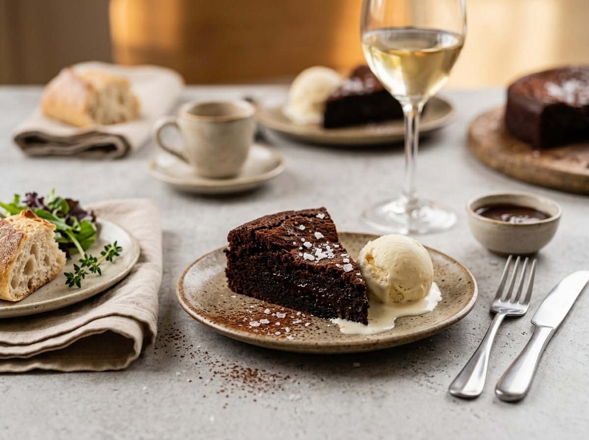 Slice of dark chocolate olive oil cake plated with vanilla ice cream and an espresso cup on a linen napkin