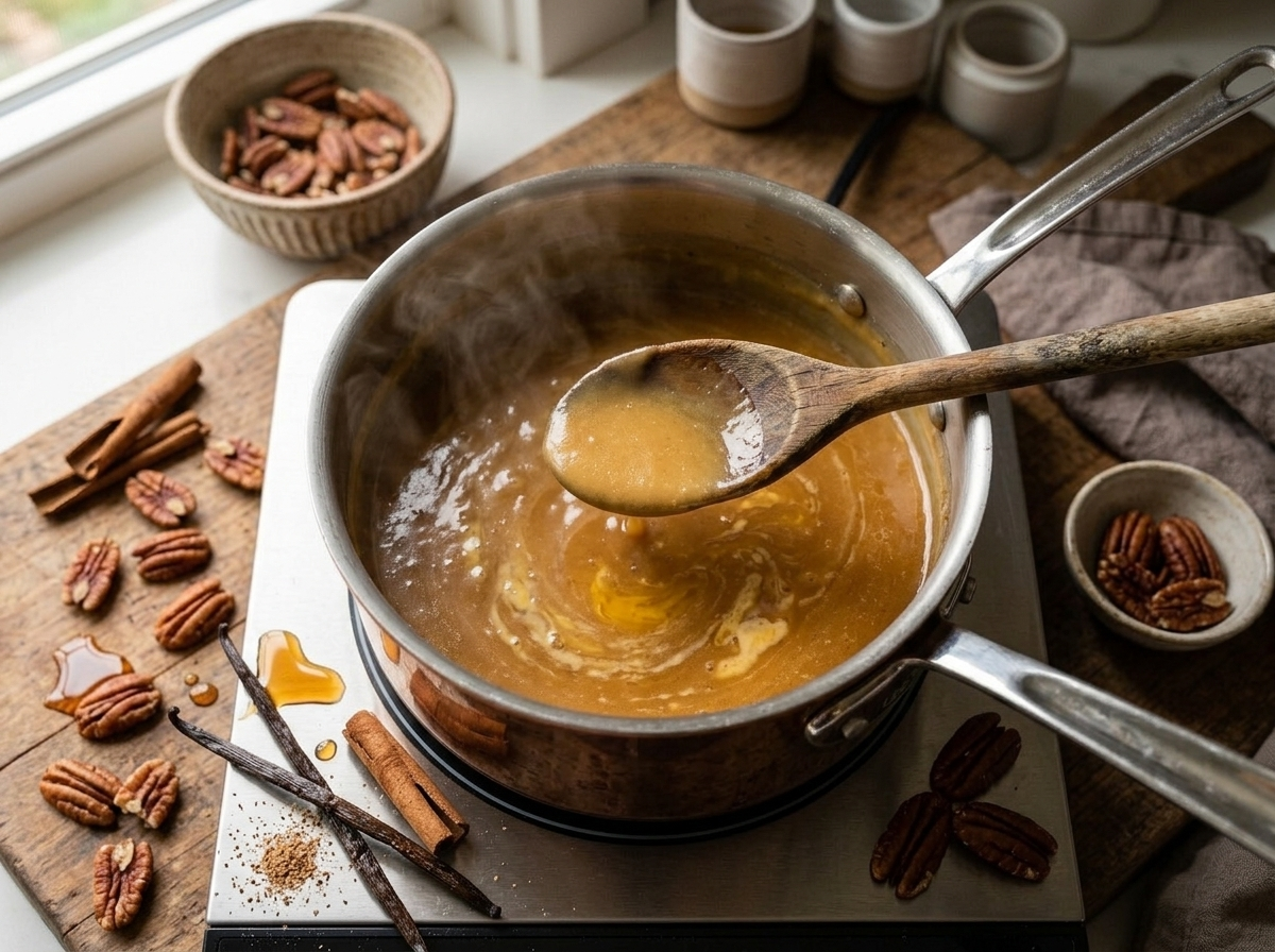 Maple custard simmering in a saucepan, whisked until thick enough to coat a spoon before pouring into the pie crust
