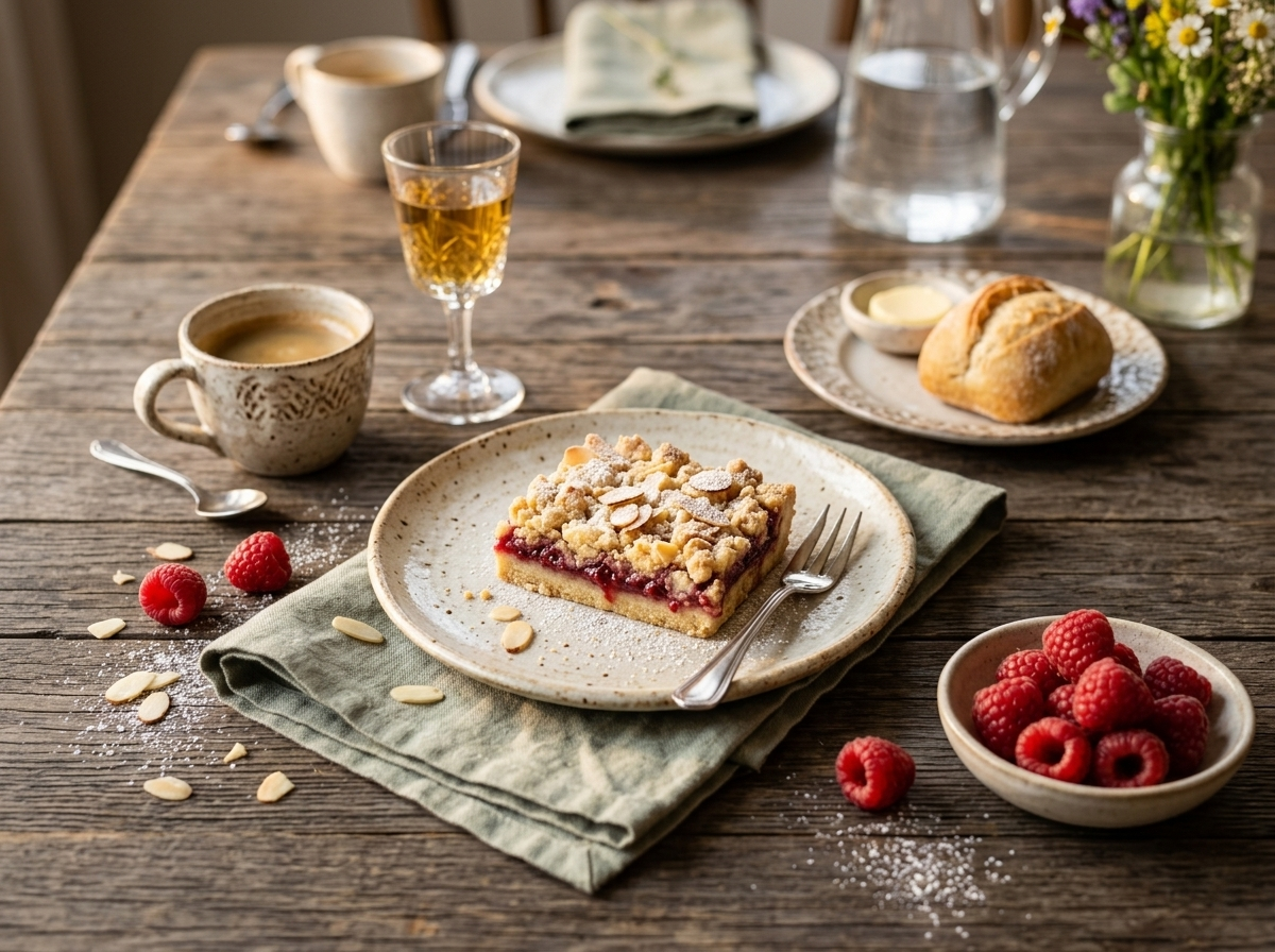Raspberry almond crumble bar on a plate with coffee and fresh raspberries on a marble table