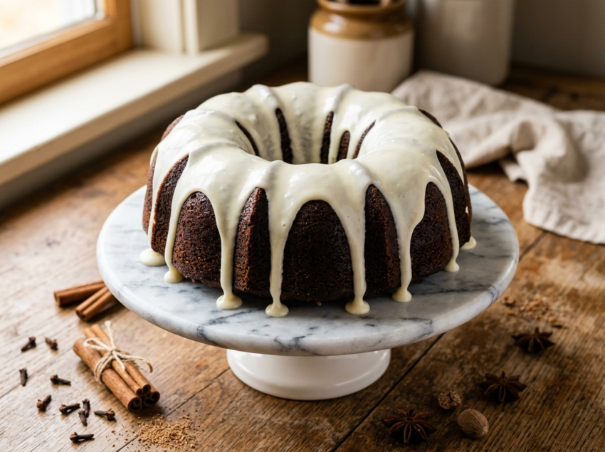 Sliced molasses spice cake on a cake stand with cream cheese glaze dripping down dark spiced crumb