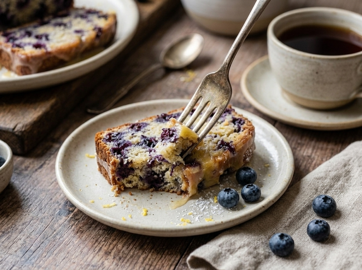 Slice of blueberry yogurt loaf cake on a ceramic plate next to a cup of black tea and linen napkin