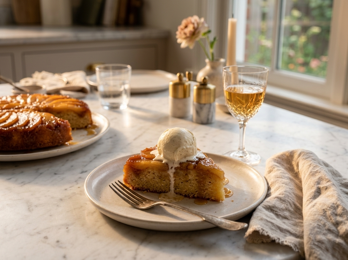 Plated slice of pear honey upside down cake topped with melting vanilla ice cream beside a glass of dessert wine