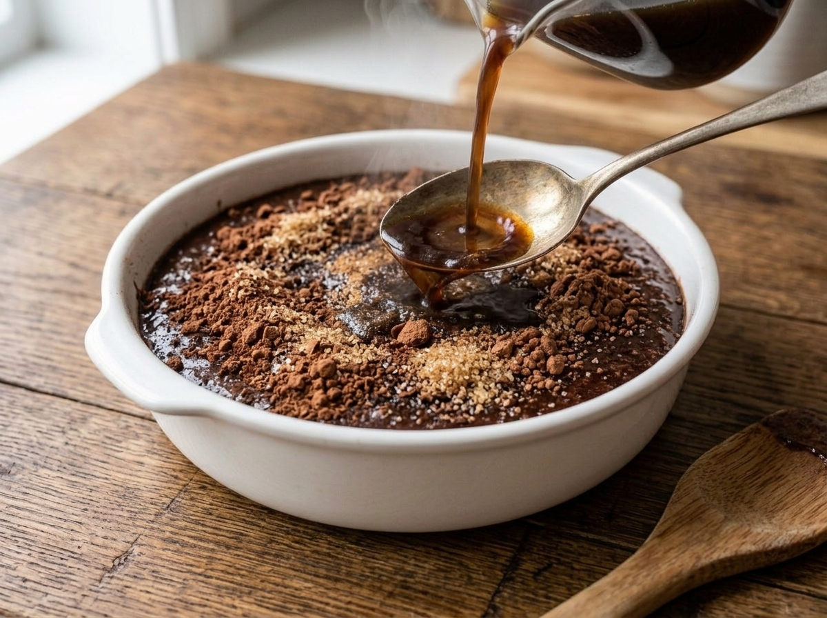 Hot coffee being poured over chocolate pudding cake batter topped with brown sugar and cocoa in a baking dish