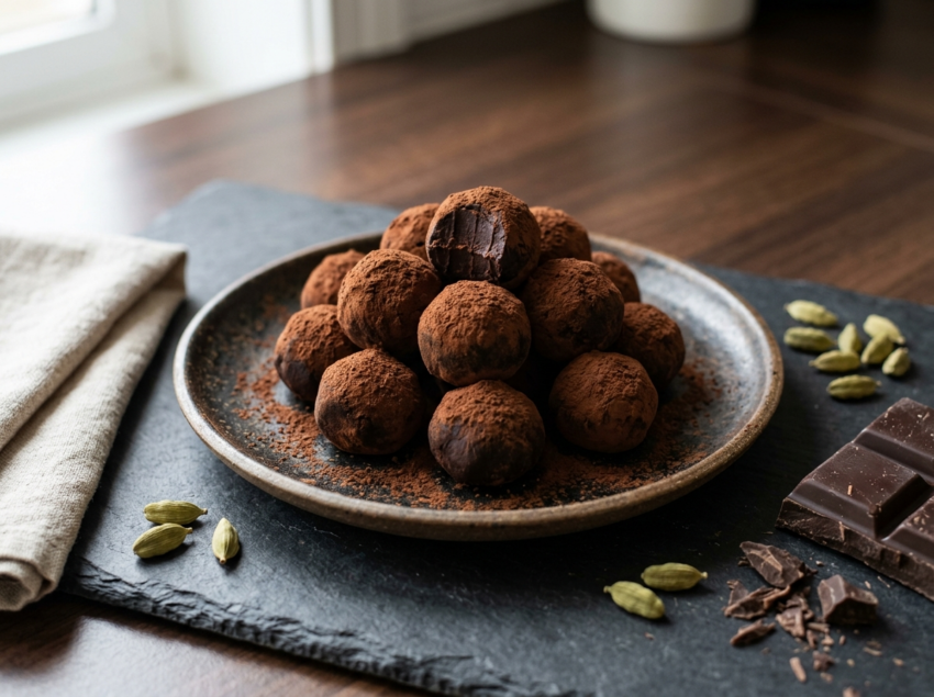 Cocoa-dusted chocolate cardamom truffles piled on a dark slate board with scattered green cardamom pods