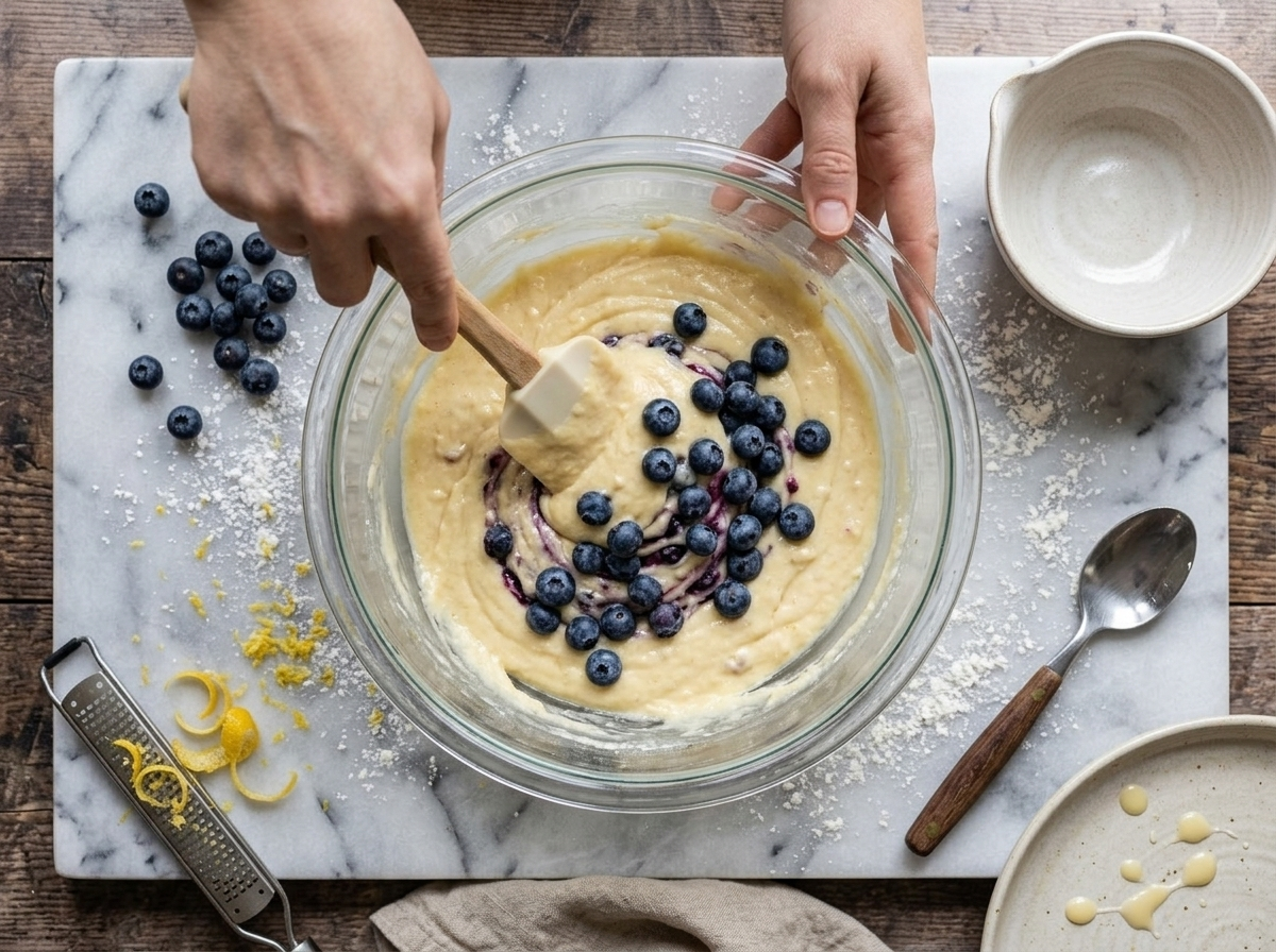 Hands folding fresh blueberries into yogurt cake batter in a glass mixing bowl on a marble counter