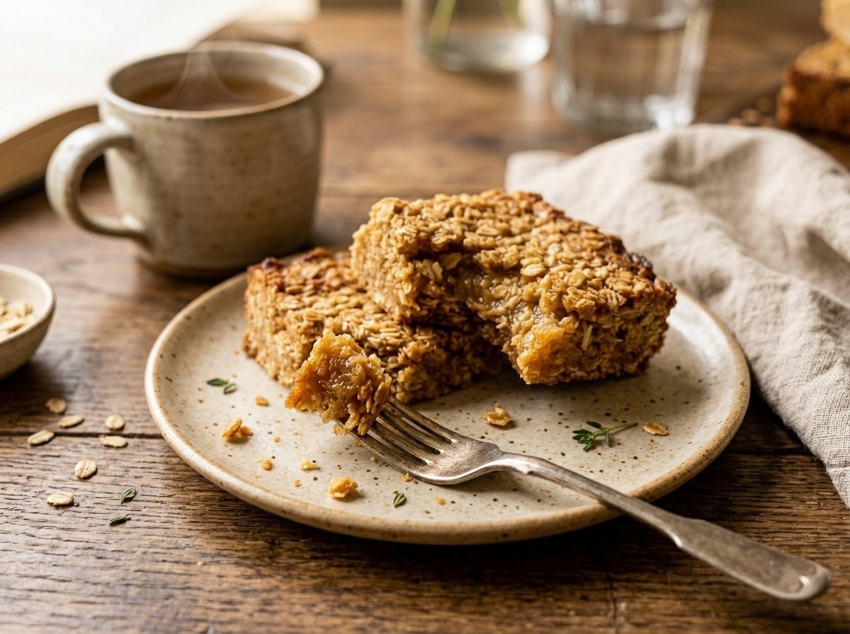 Golden syrup flapjack bar on a plate beside a mug of tea, one bite taken to show the chewy oat texture