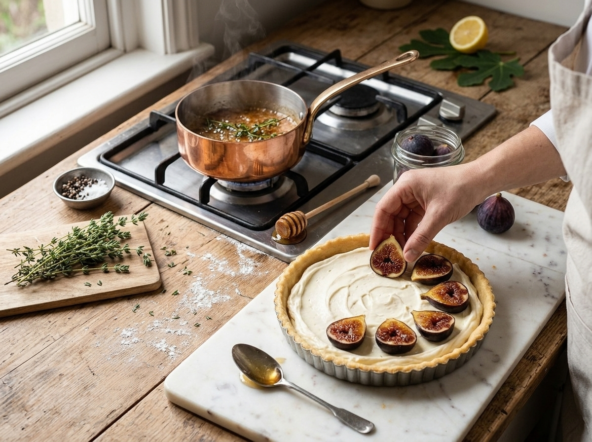 Hands arranging fresh fig halves over honey mascarpone filling in an unbaked tart shell before baking
