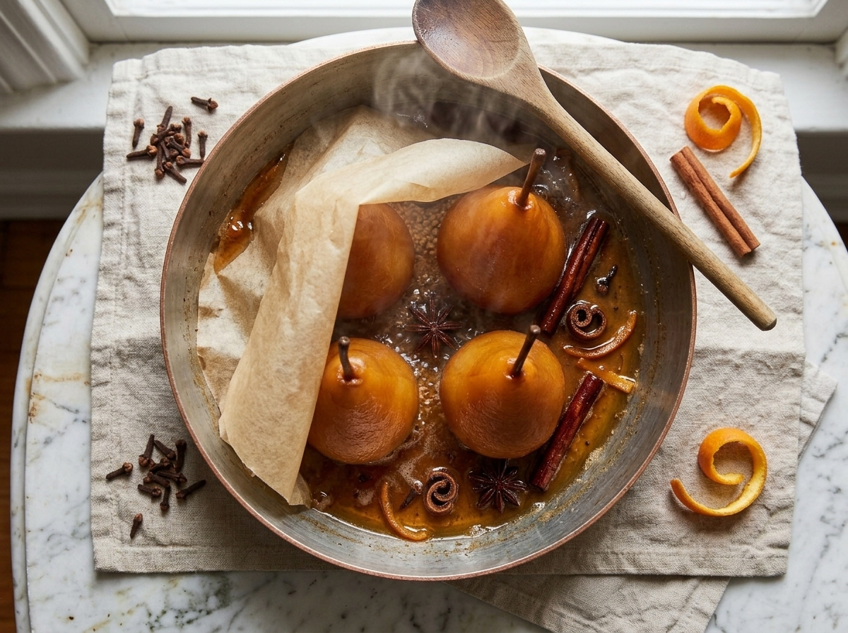 Pears simmering in cinnamon and orange syrup in a copper pot with a parchment cartouche and wooden spoon