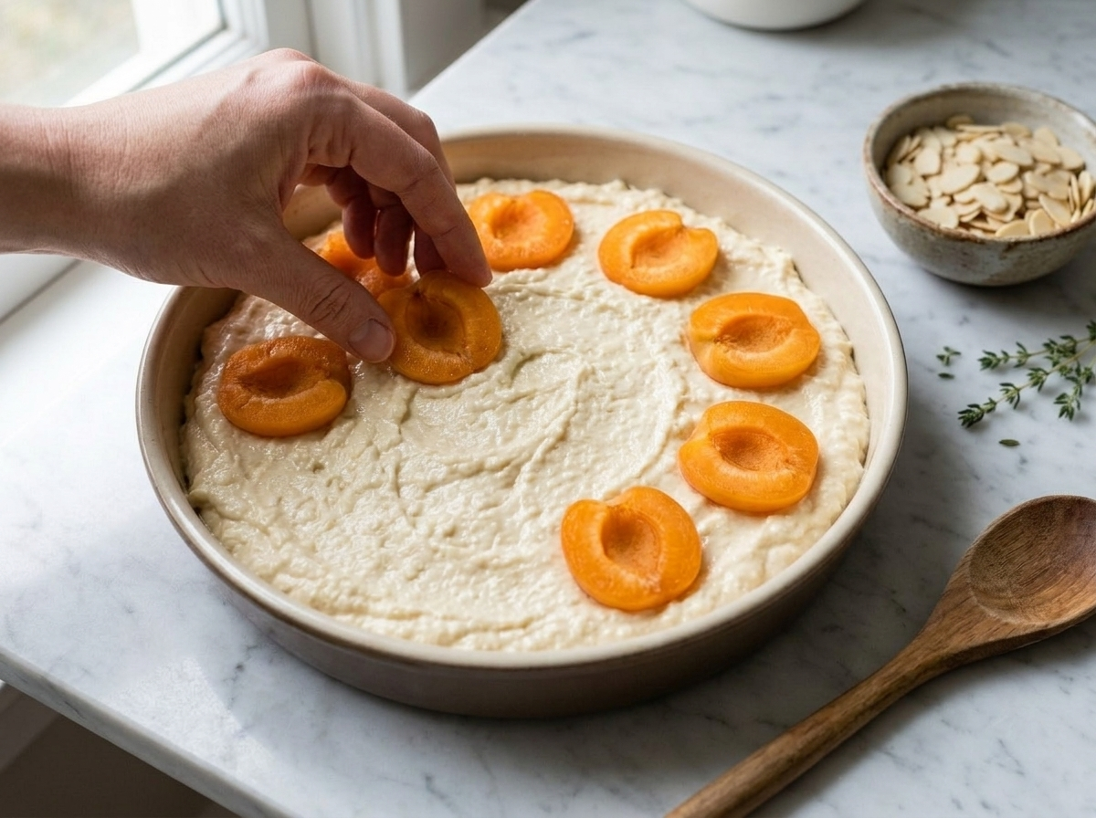 Hands pressing fresh apricot halves into pale ricotta cake batter inside a springform pan before baking