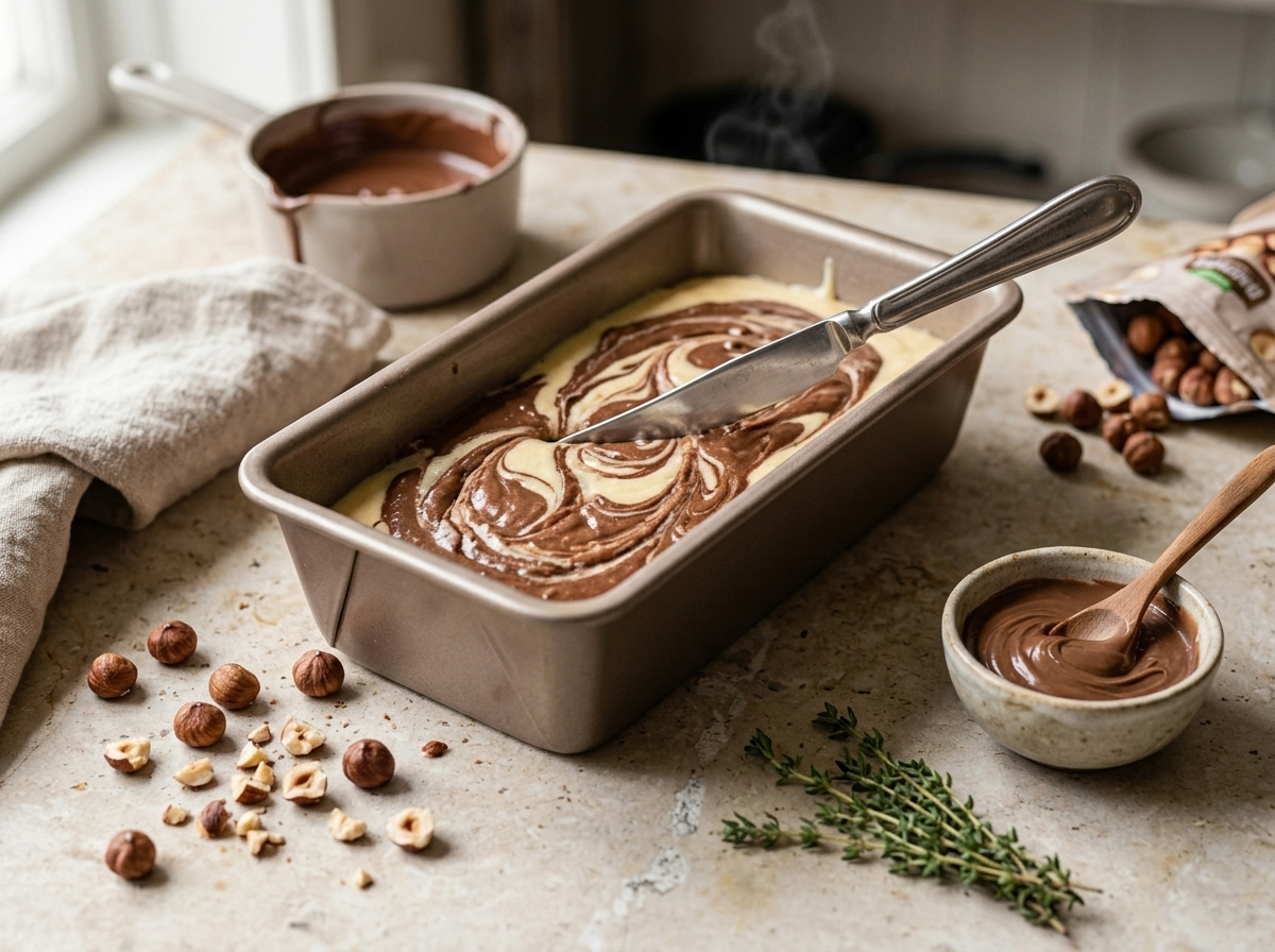 Butter knife swirling cocoa and vanilla batter together in a loaf pan before baking