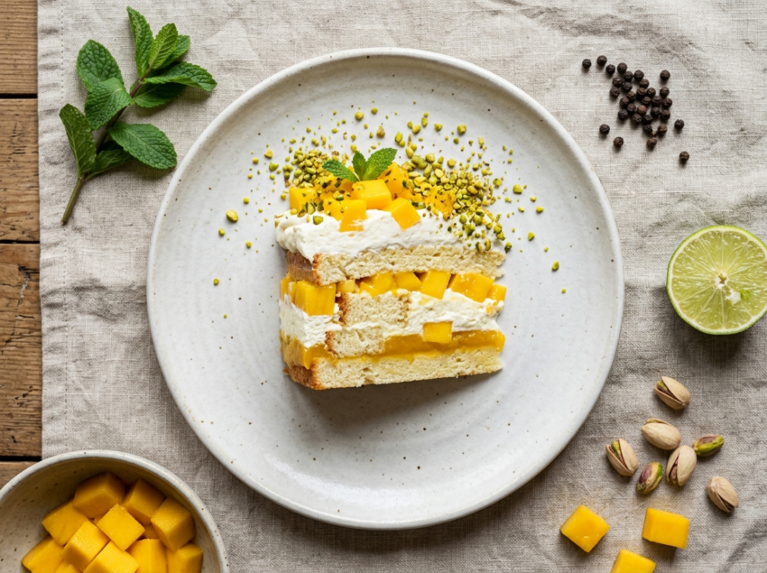 Layered mango cream sponge dessert in a glass trifle dish with sponge cubes, mango puree, and whipped cream on top
