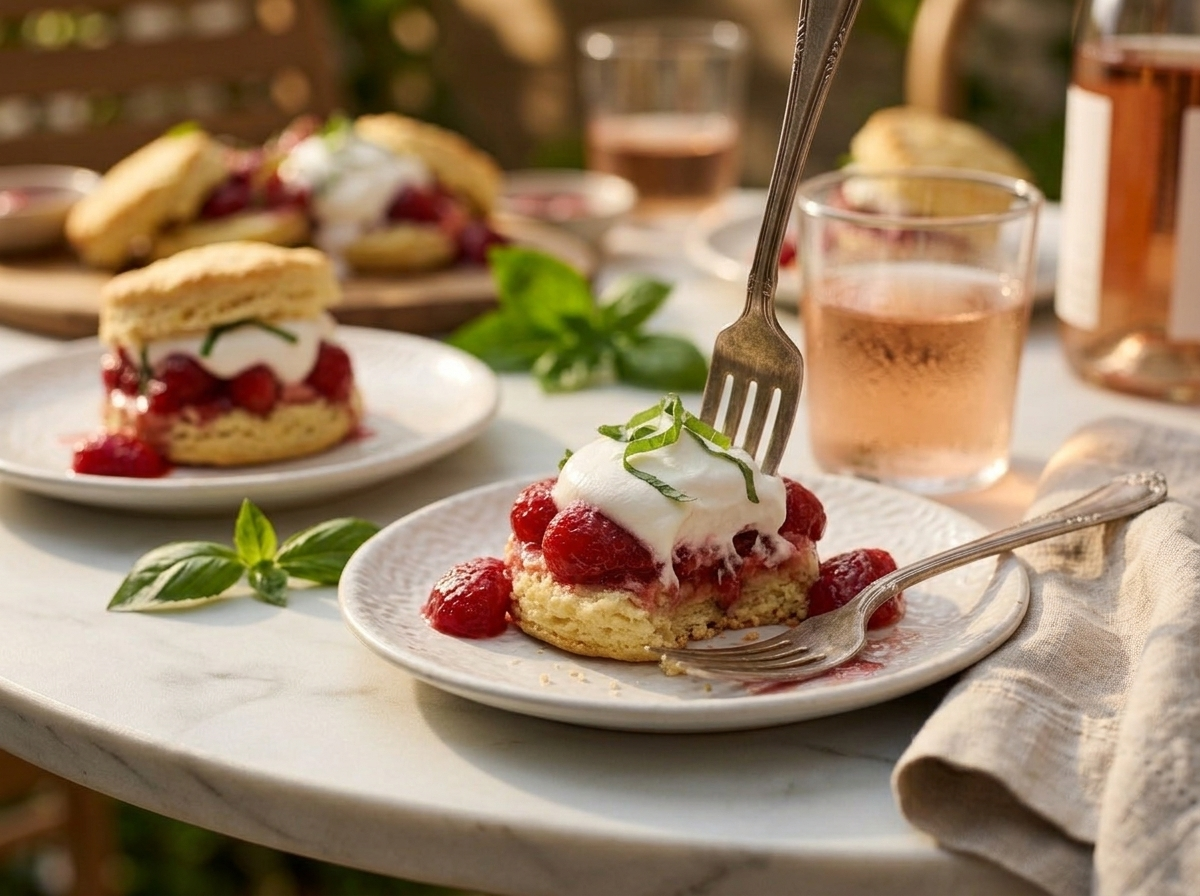 Two plated strawberry basil shortcakes on an outdoor table with rosé glasses and linen napkins in golden light