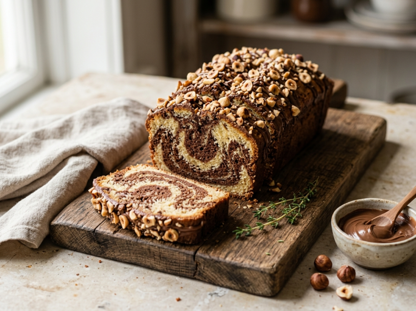 Sliced chocolate hazelnut marble loaf on a wooden board showing cocoa swirl and toasted hazelnut topping