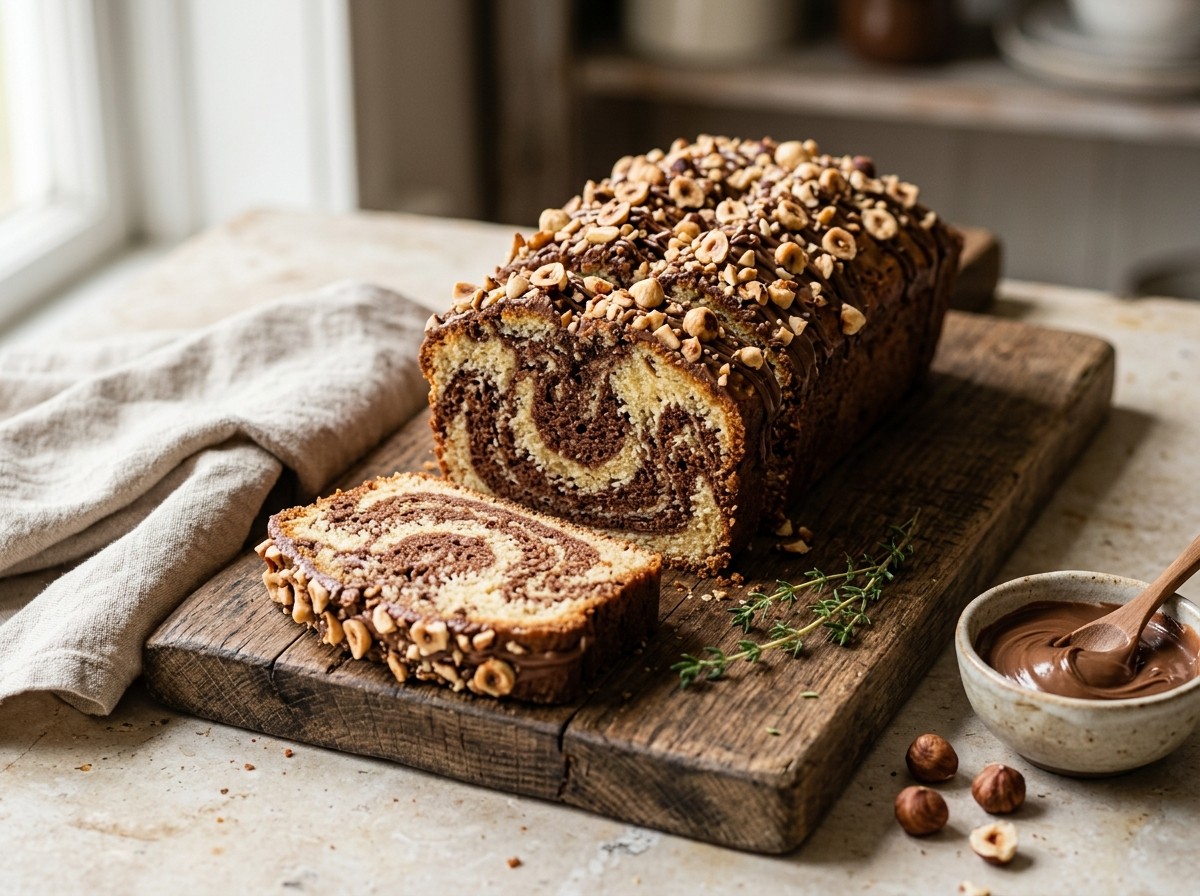 Sliced chocolate hazelnut marble loaf on a wooden board showing cocoa swirl and toasted hazelnut topping