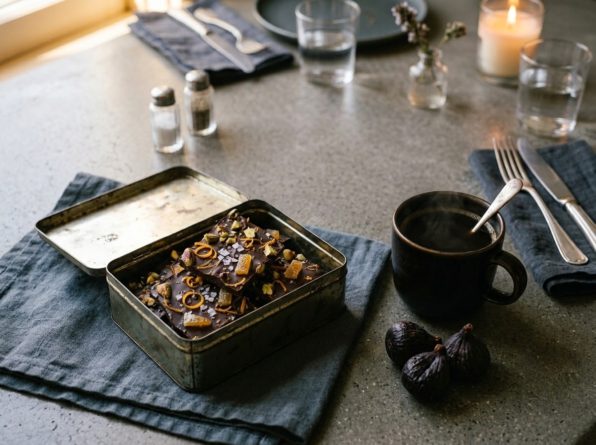 Stacked pieces of dark chocolate orange bark in a small tin next to coffee and dried figs on a linen napkin