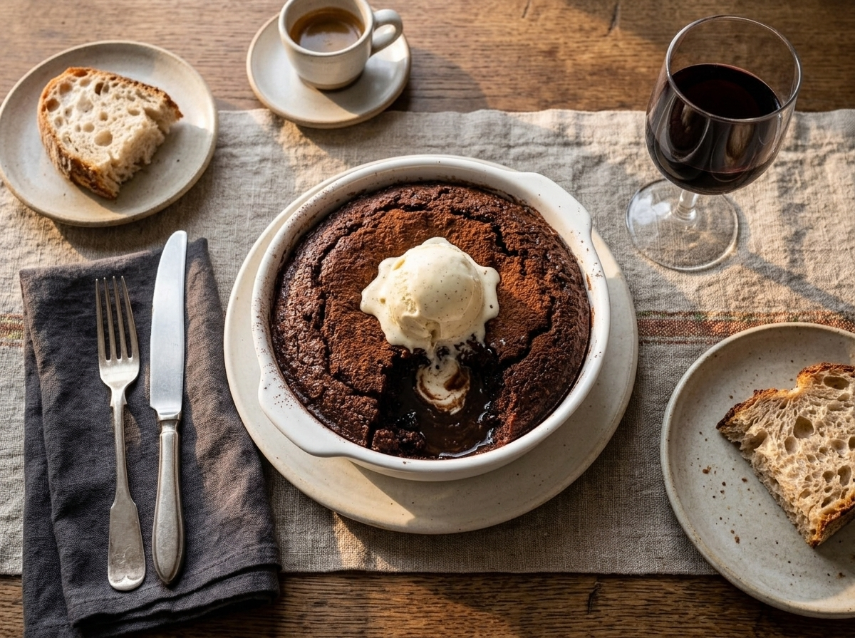 Bowl of warm espresso chocolate pudding cake topped with melting vanilla ice cream next to a small espresso cup
