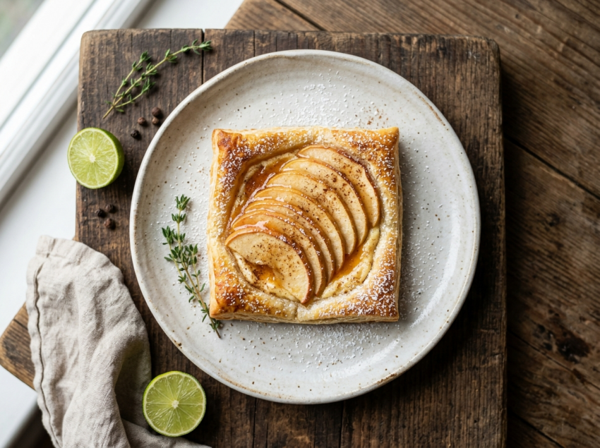 Golden apple mascarpone puff pastry squares topped with fanned apple slices and glossy apricot glaze on a wooden board