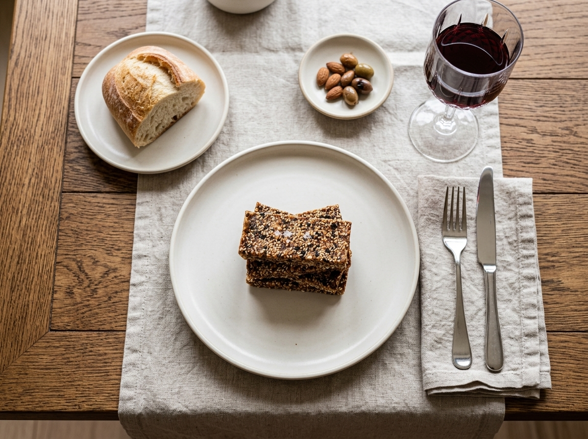 Hand lifting a chewy date syrup sesame bar from a stack on a marble counter next to a cup of coffee