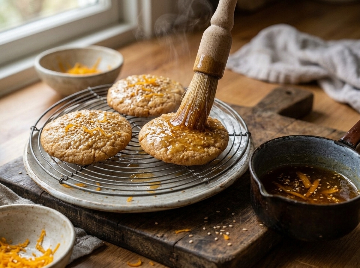 Pastry brush coating warm honey glaze over freshly baked orange blossom cookies cooling on a wire rack