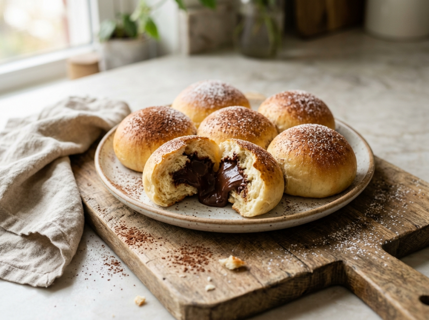 Golden chocolate cream filled buns on a wooden board with one torn open showing rich chocolate pastry cream inside