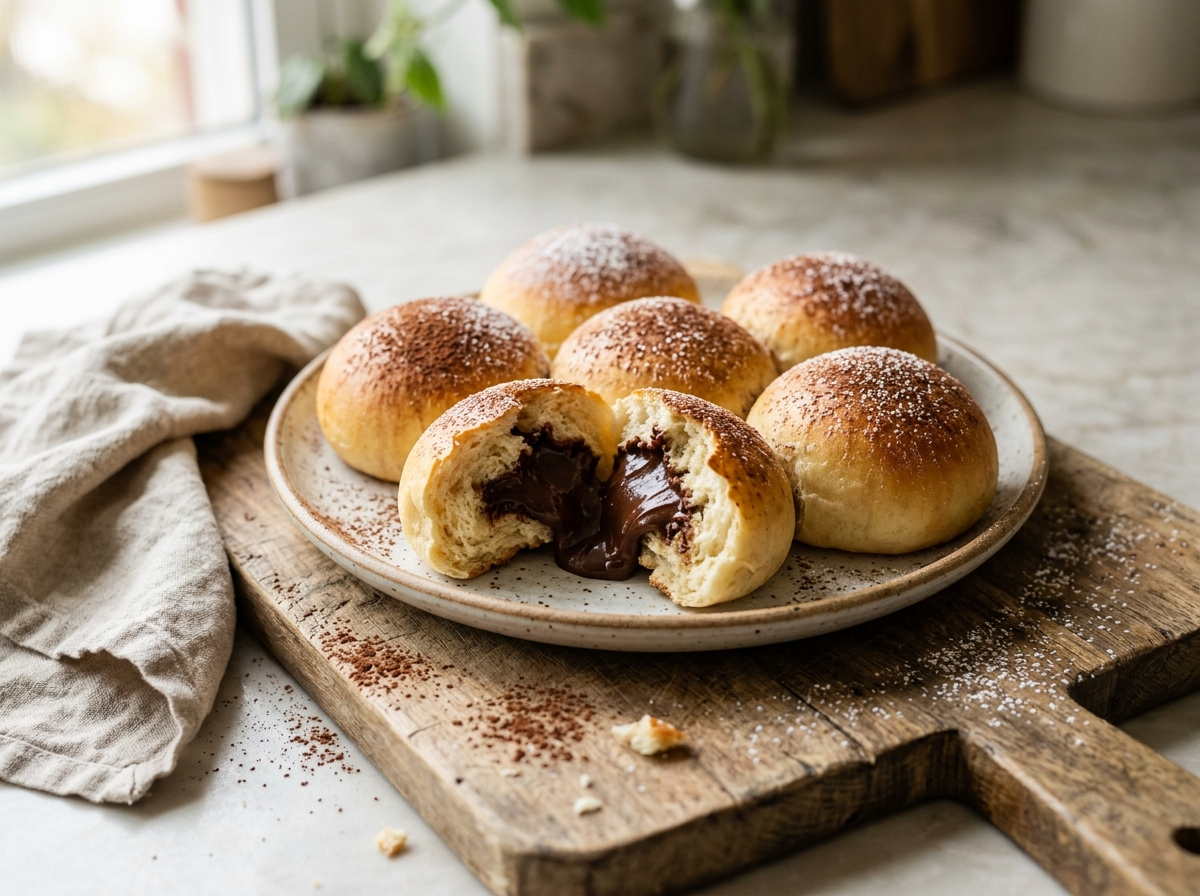 Golden chocolate cream filled buns on a wooden board with one torn open showing rich chocolate pastry cream inside