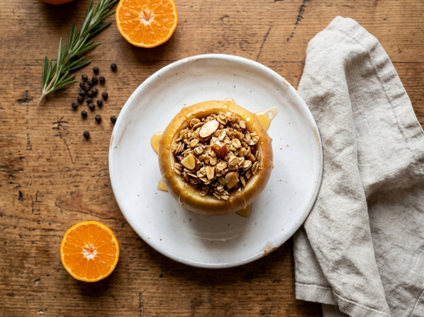 Four honey almond baked apples in a baking dish with almond-oat filling and honey drizzle on a wooden table