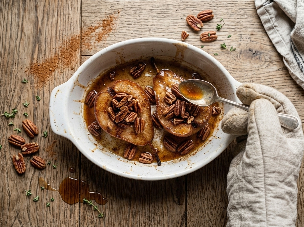 Hands basting halved pears with maple butter glaze in a white baking dish before returning to the oven
