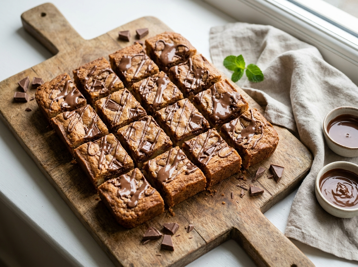 Stacked milk chocolate semolina bars with chocolate drizzle on a wooden board, cut into squares