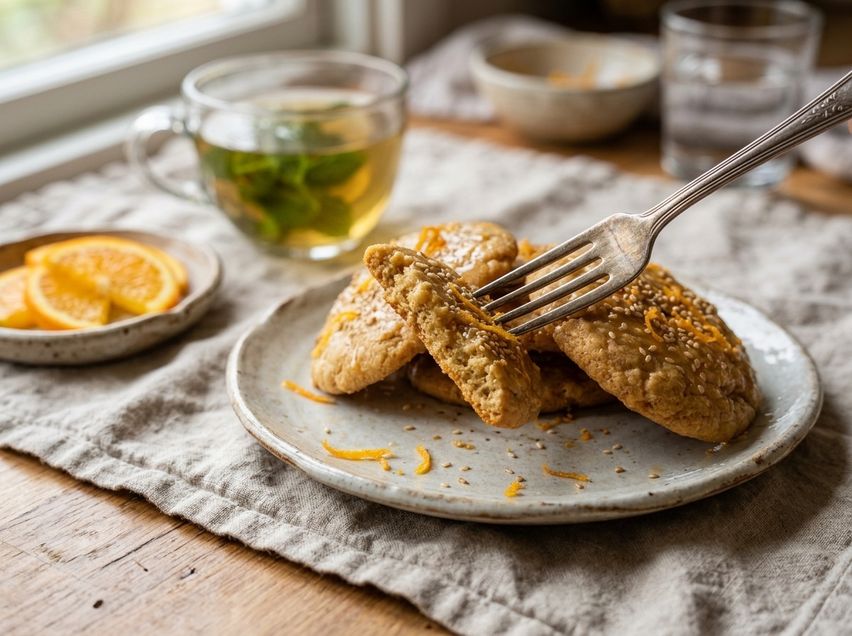 Orange blossom honey cookies plated beside a cup of mint tea and fresh orange slices on a linen tablecloth