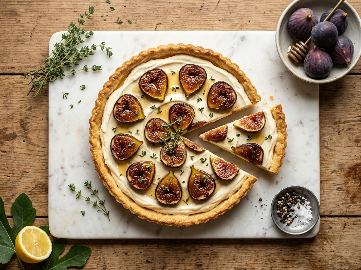 Whole honey roasted fig tart with mascarpone filling and caramelized fig halves scattered with fresh thyme on a marble board