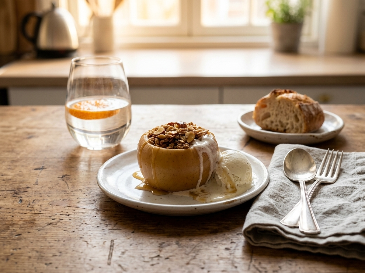 Honey almond baked apple on a plate topped with melting vanilla ice cream and a linen napkin beside it