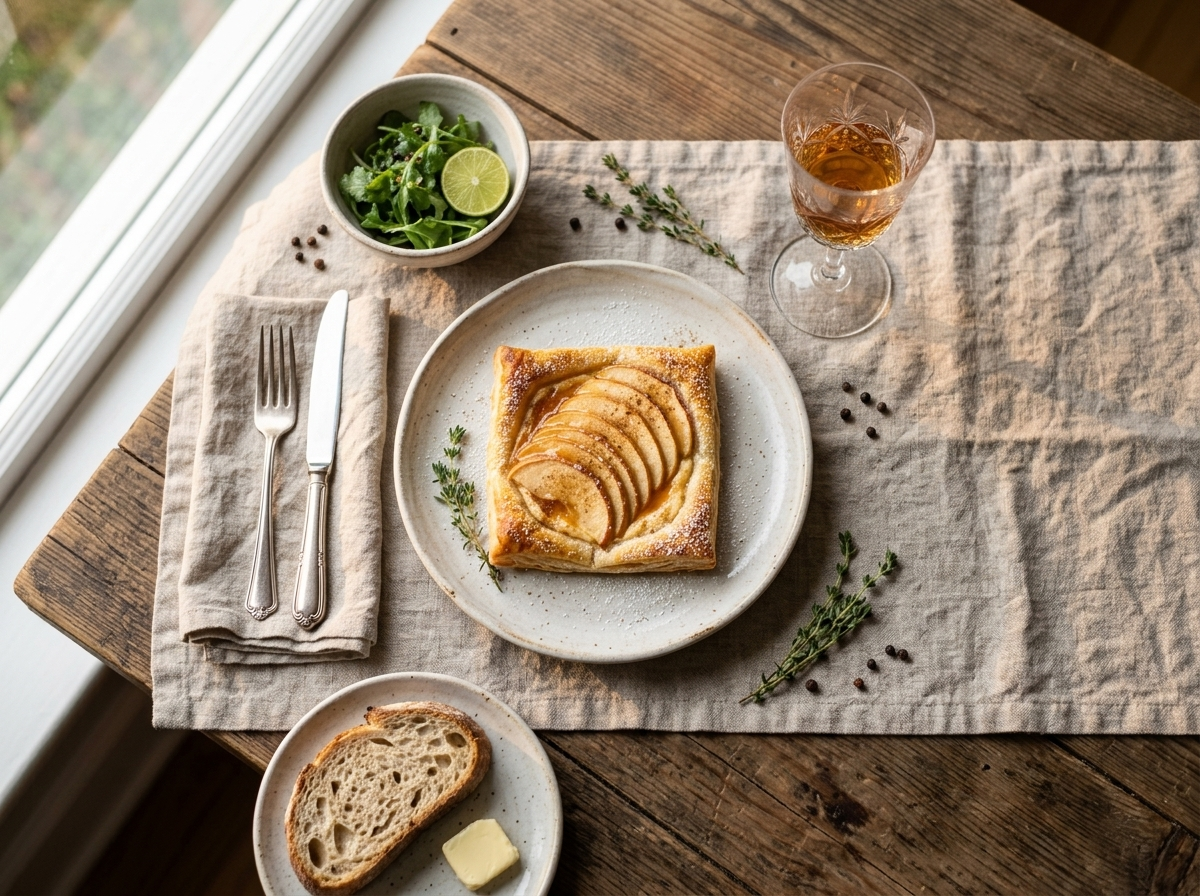 Plated apple mascarpone puff pastry square with coffee and linen napkin on a wooden table in morning light