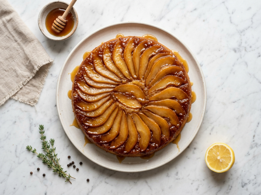 Whole pear honey upside down cake on a marble surface with glossy caramelized pear slices and dripping honey glaze