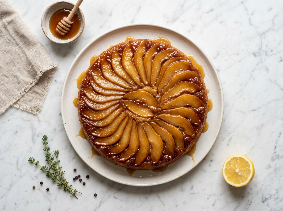 Whole pear honey upside down cake on a marble surface with glossy caramelized pear slices and dripping honey glaze