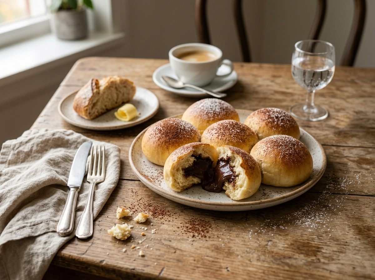 Chocolate cream filled bun served on a plate with coffee for breakfast in warm morning light
