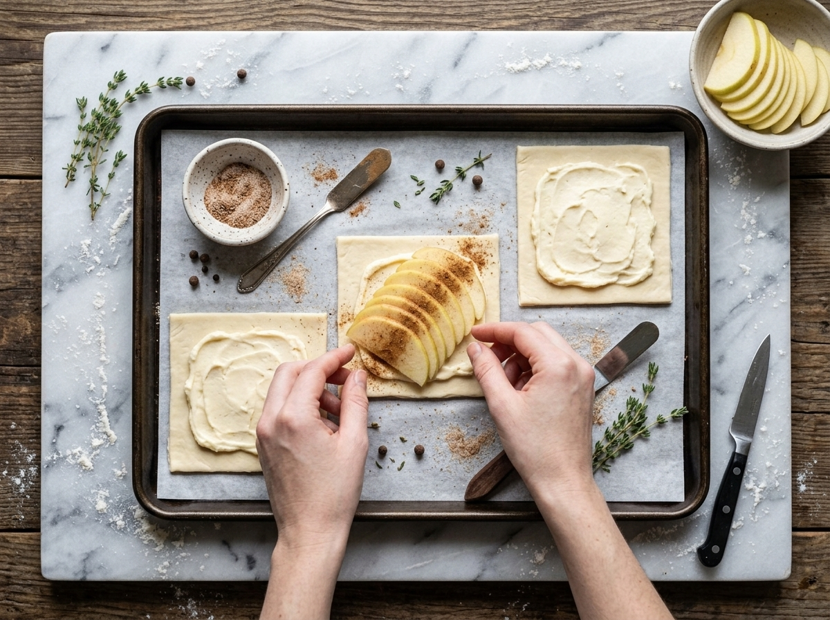 Hands layering thin apple slices over mascarpone filling on raw puff pastry squares before baking