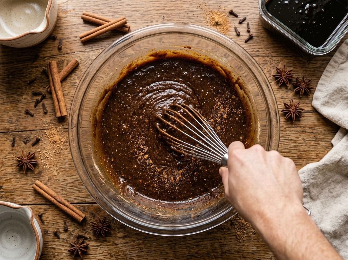 Whisking molasses cake batter with visible cinnamon and ginger in a glass bowl before baking