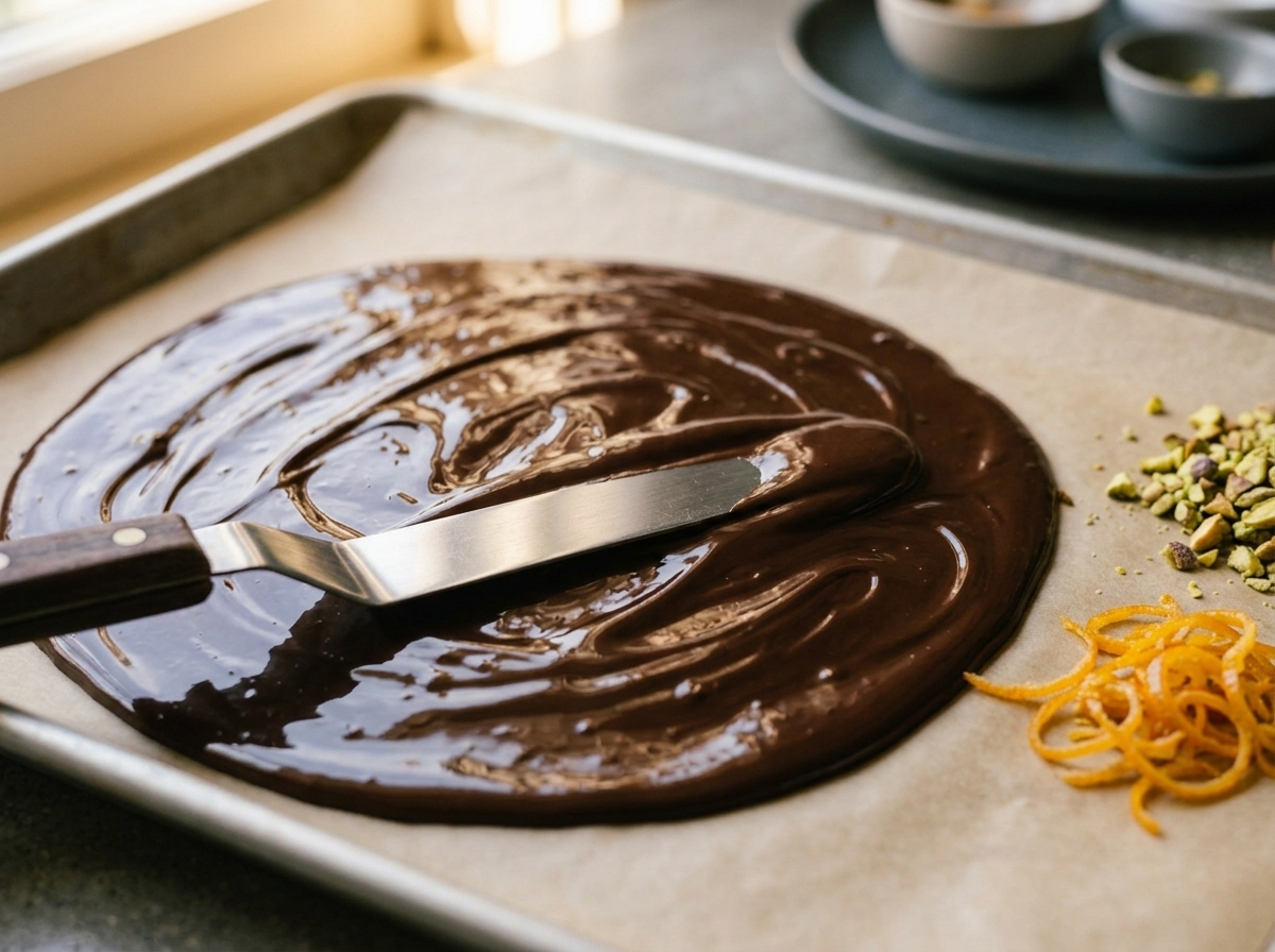 Melted dark chocolate being spread into an even layer on a parchment-lined sheet pan before adding orange and pistachio toppings